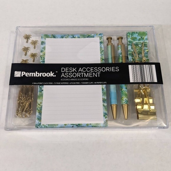Pembrook Other - Pembrook Desk Accessories Assortment Tropical Palm Gold Pens Notepad Clips Set